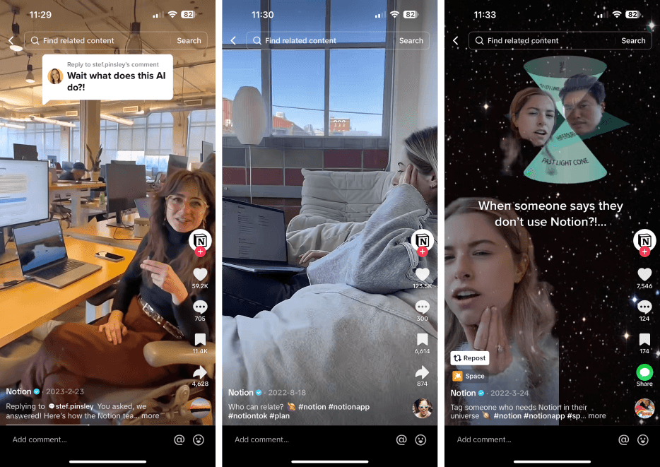 A few of Notion's greatest hits on TikTok, with just under a combined 5M views.