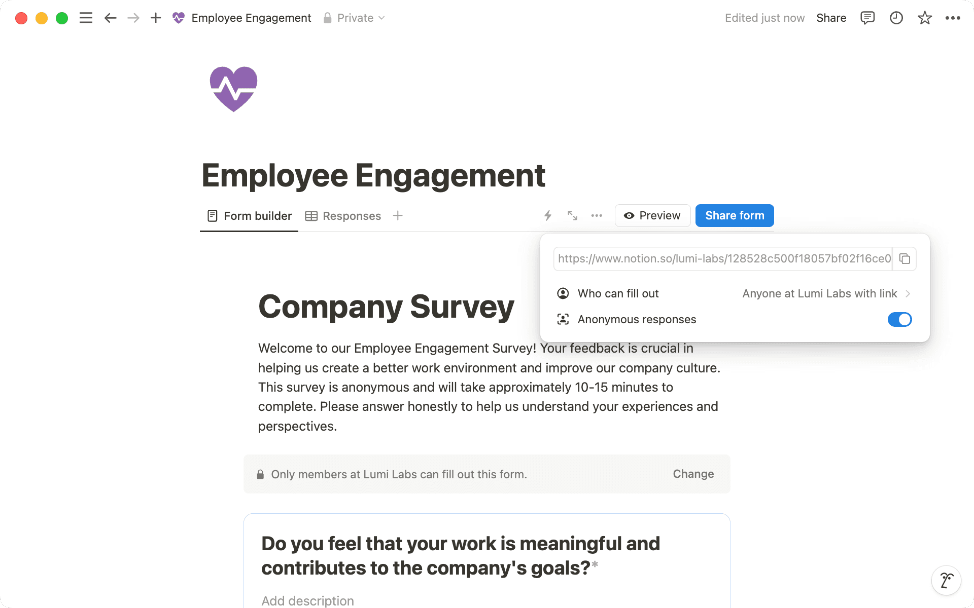 Toggle "Anonymous responses" when you select "Share form"